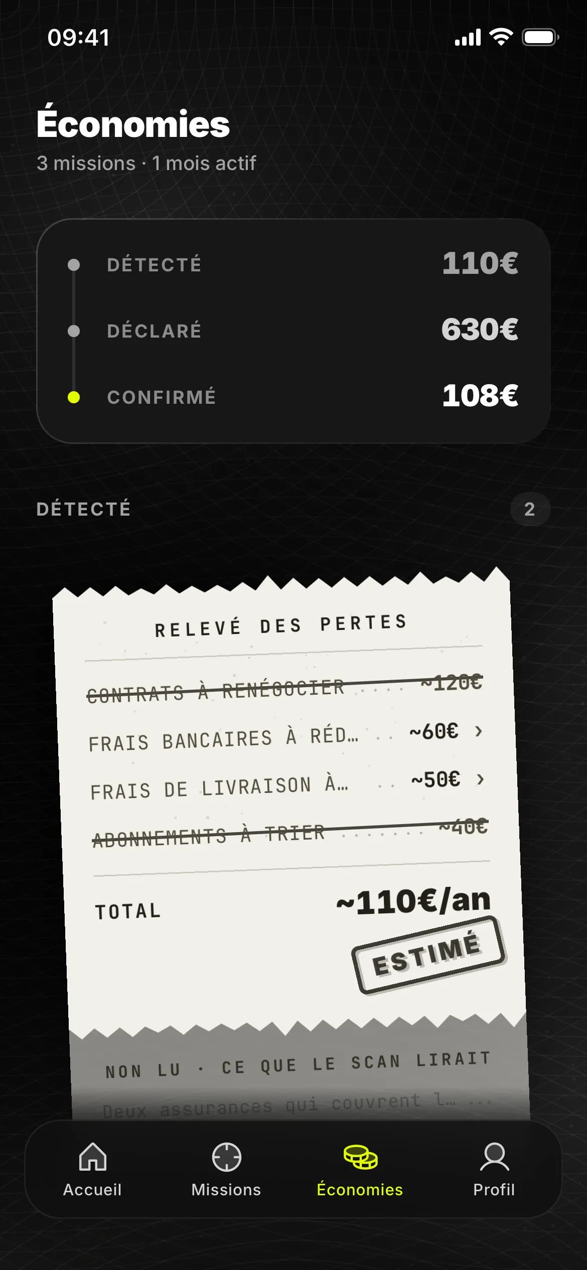 Onglet Économies de l’app Moniyo : 110 € détectés, 630 € déclarés et 108 € confirmés, puis un relevé des pertes estimé à environ 110 € par an, dont deux lignes déjà traitées.