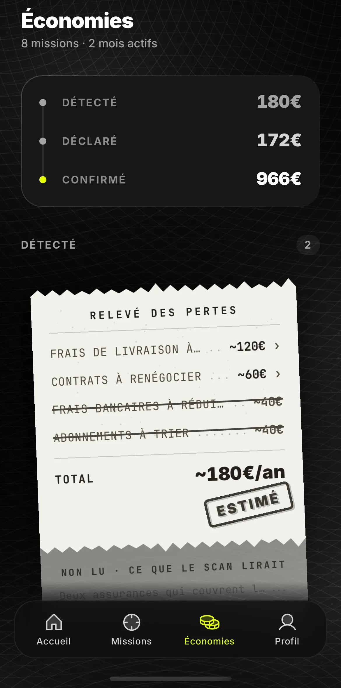 Le journal des économies de Moniyo distingue les montants détectés, déclarés et confirmés