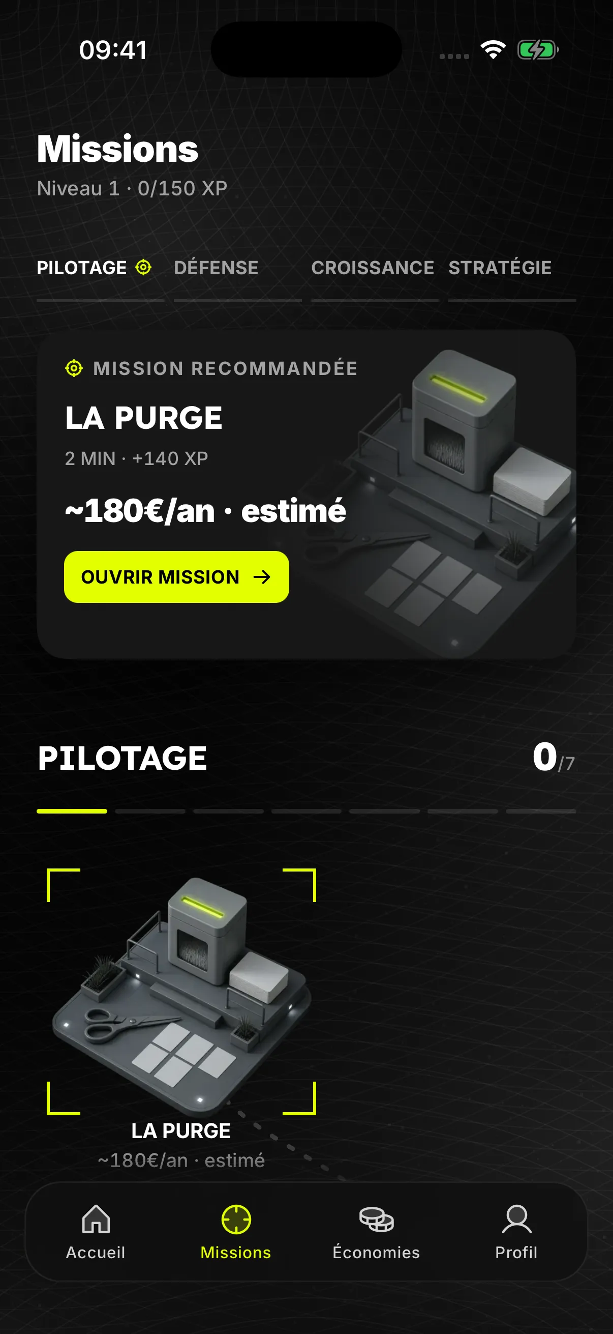 L’écran Missions de Moniyo avec la mission La Purge et ses illustrations